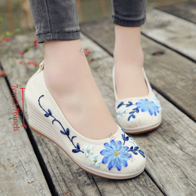 Vintage Fashion Ladies - Sepatu Platform Wedge Nyaman Wanita Bordir,