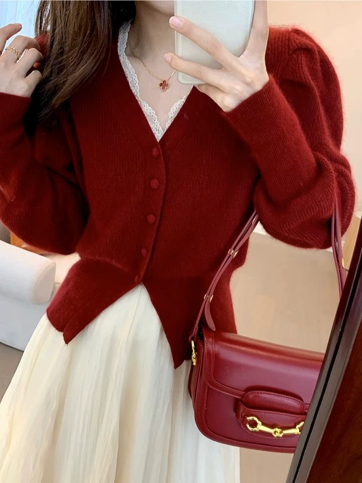 Kardigan Rajut V-Neck Merah Wa - Vintage Fashion Years ulasan dan harga