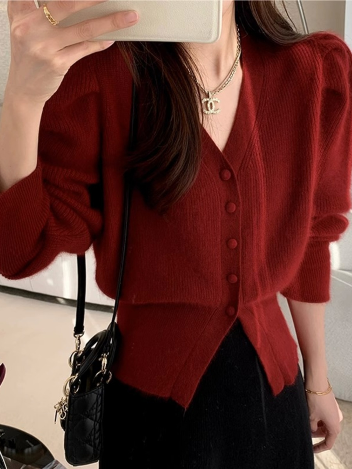 Kardigan Rajut V-Neck Merah Wa - Vintage Fashion Years ulasan dan harga